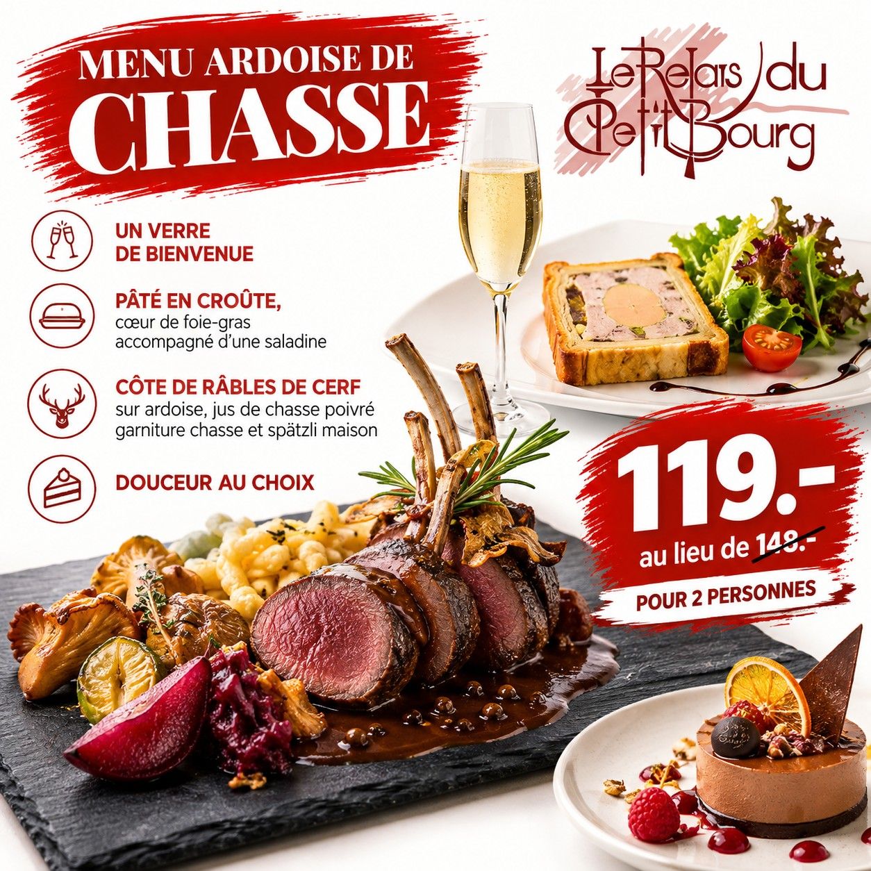 Menu Ardoise de Chasse 2 personnes - Relais du Petit Bourg
