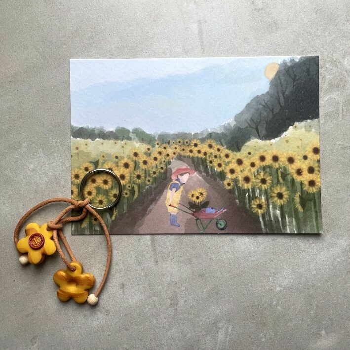 Kaart; Zonnebloem met sleutelhanger