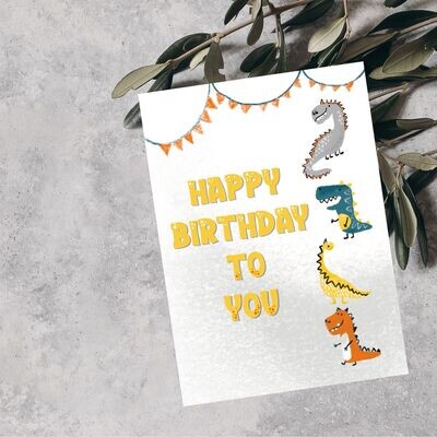 Kaart 'Happy birthday to you' met dino's en een vlaggenlijntje