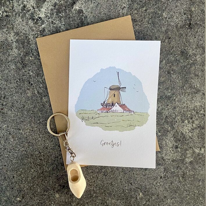 Groetjes! Kaart met sleutelhanger houten klompje