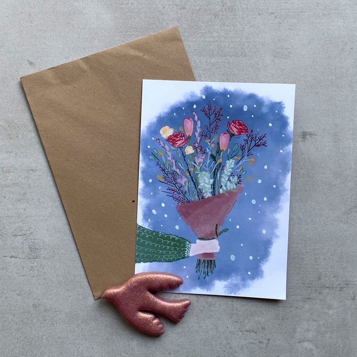 Kaart - Bosje bloemen winter met 'handgemaakt vogel magneetje'