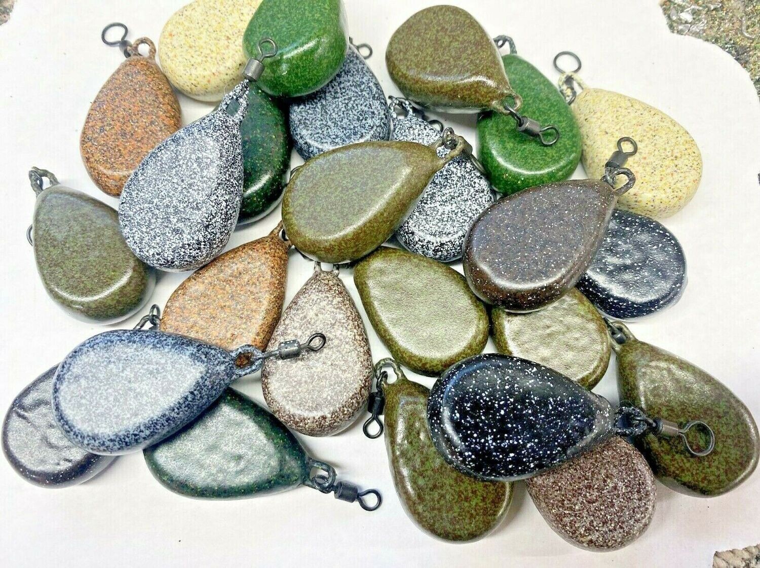2 oz. MIX OF COLOURS flat pears CARP LEADS weights., sold in packs of 10.