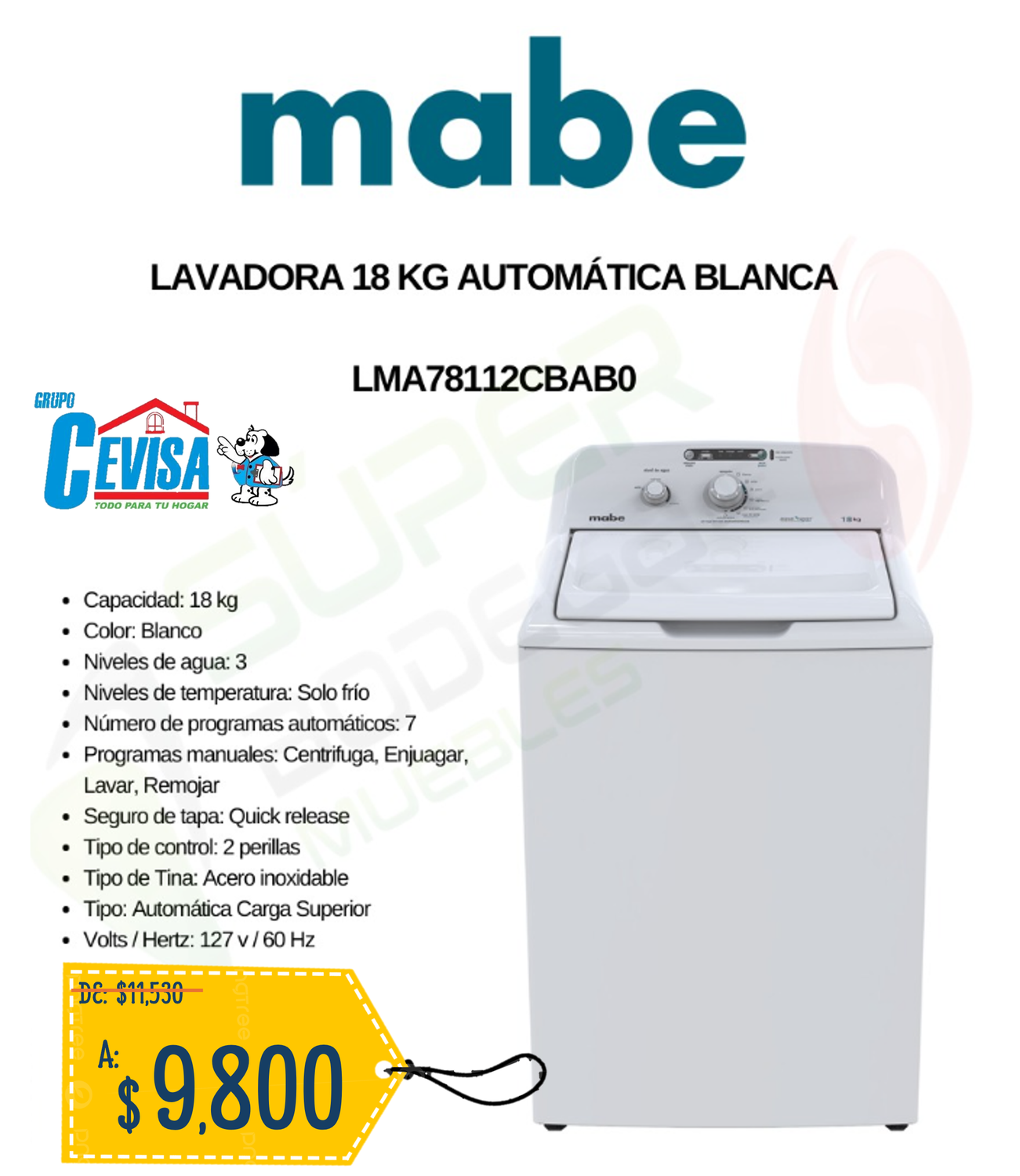 LAVADORA MABE 18 KG LMA78112CBAB0