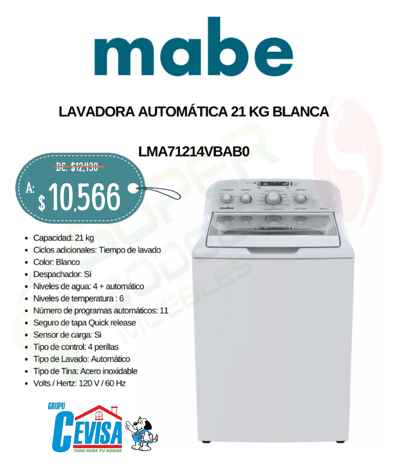 LAVADORA MABE 21 KG LMA71214VBAB0