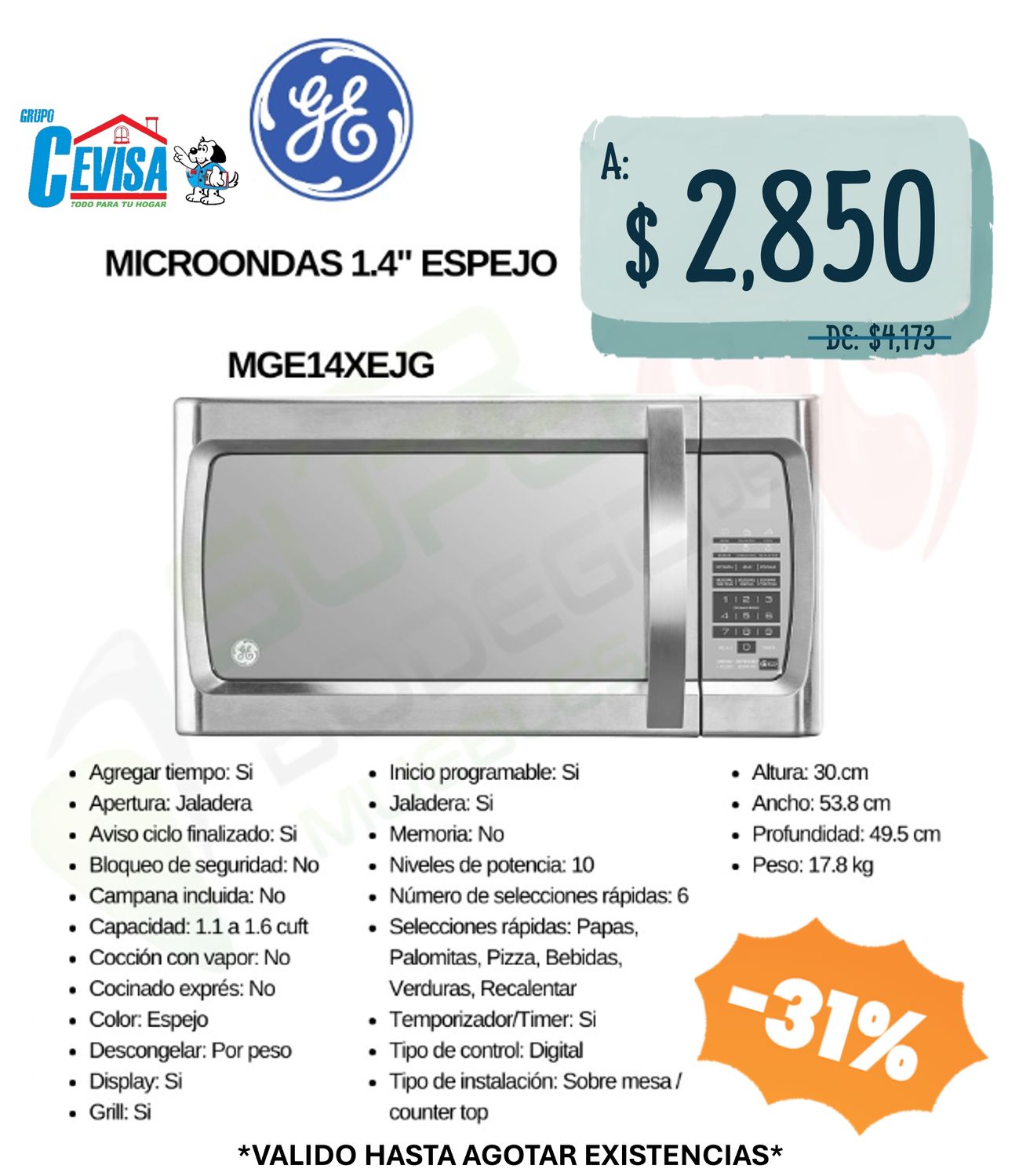 MICROONDAS GENERAL ELECTRIC 1.4&quot; MGE14XEJG