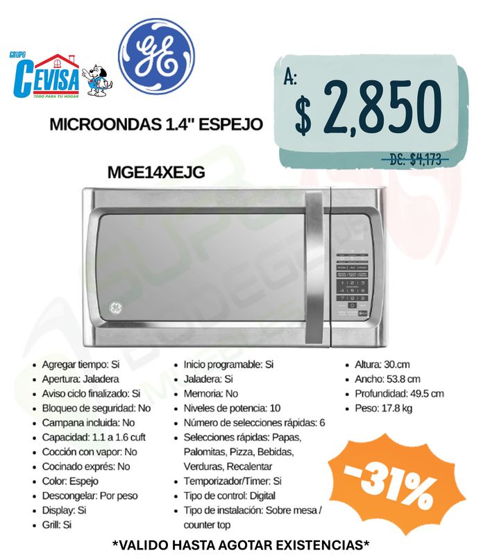MICROONDAS GENERAL ELECTRIC 1.4&quot; MGE14XEJG