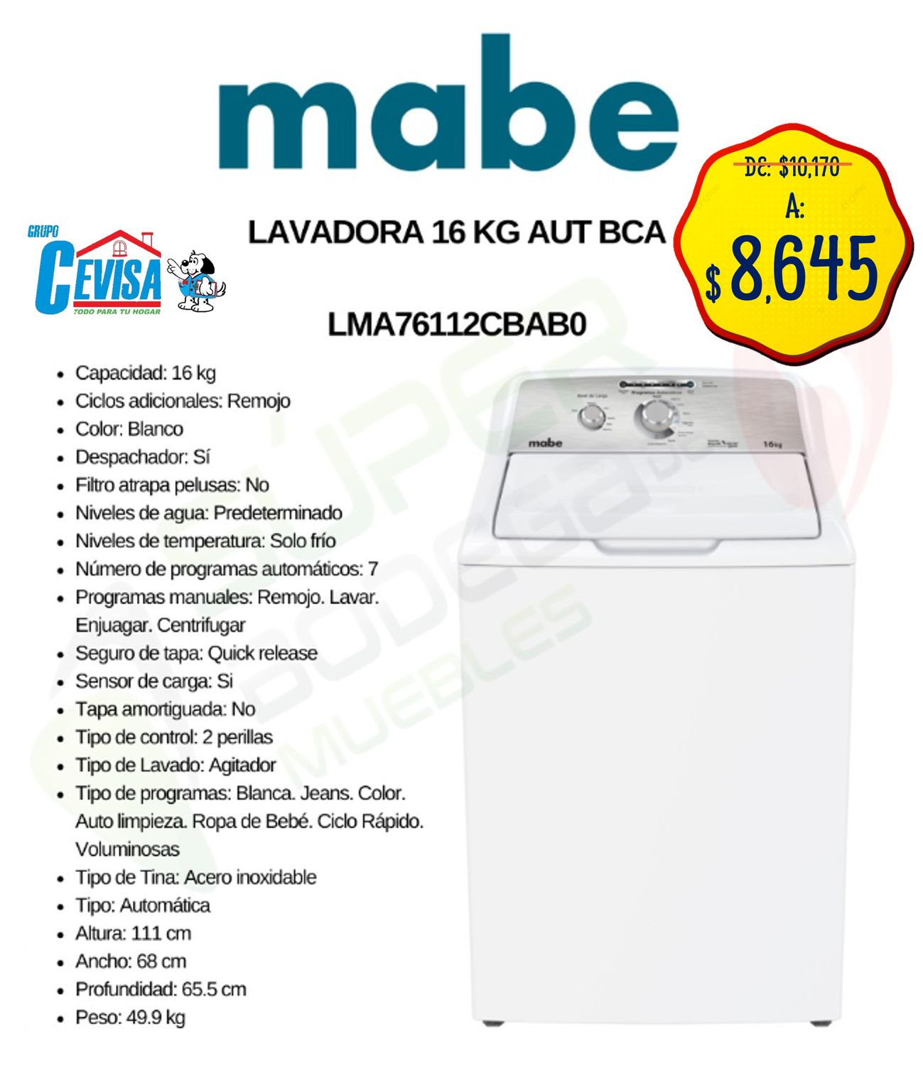 LAVADORA MABE 16 KG LMA76112CBAB0