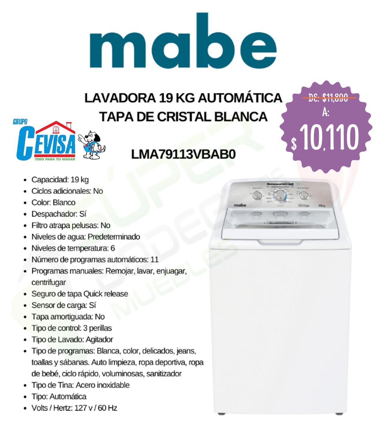 LAVADORA MABE 19 KG LMA79113VBAB0