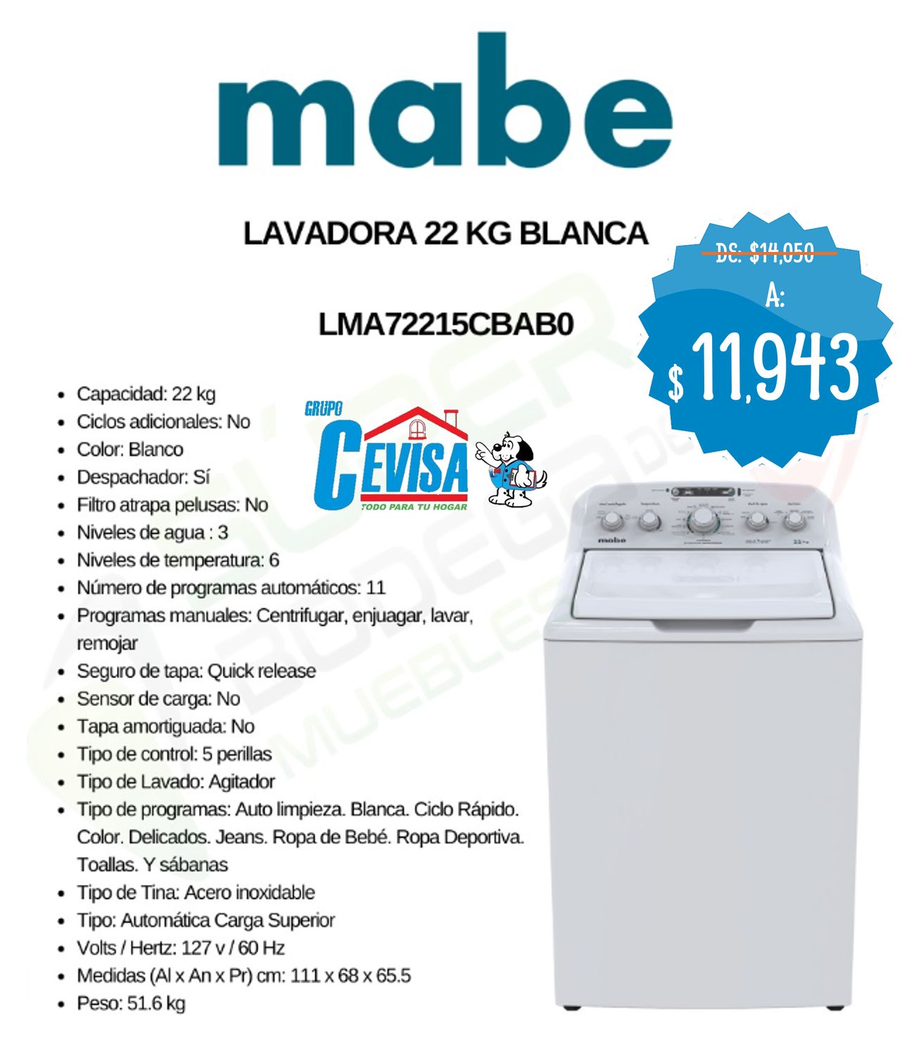 LAVADORA MABE 22 KG LMA72215CBAB0