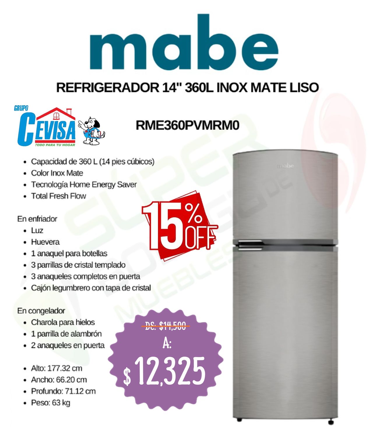 REFRIGERADOR MABE 14&quot; RME360PVMRM