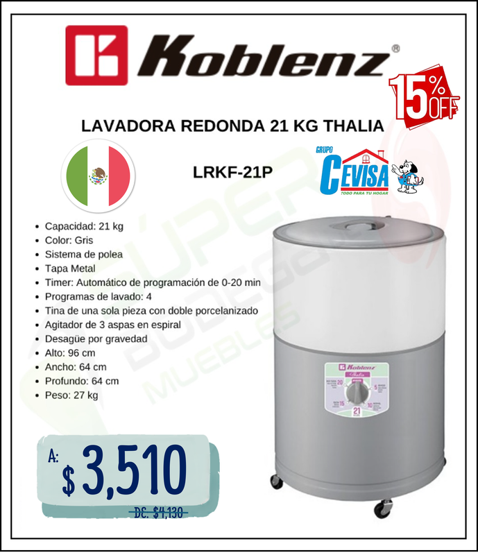 LAVADORA KOBLENZ 21 KG THALIA LRKF-21P