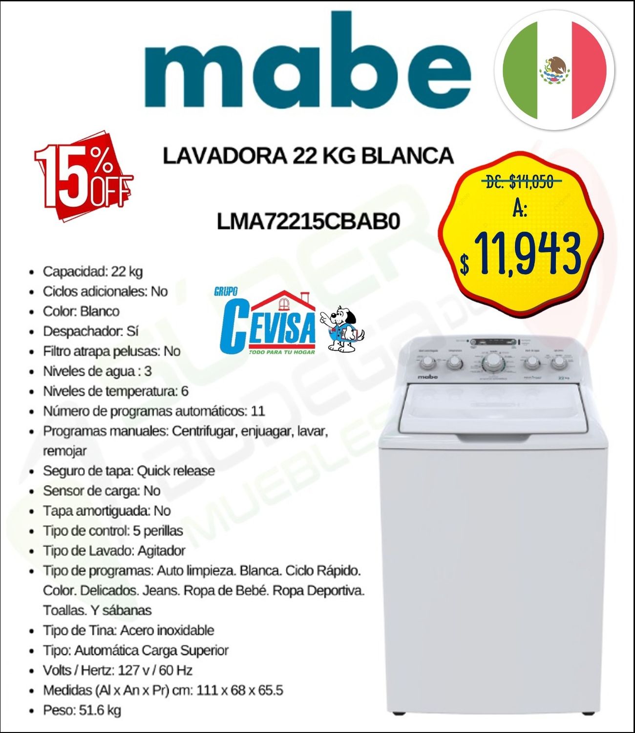 LAVADORA MABE 22 KG LMA72215CBAB0 LAVADORA MABE 22 KG LMA72215CBAB0