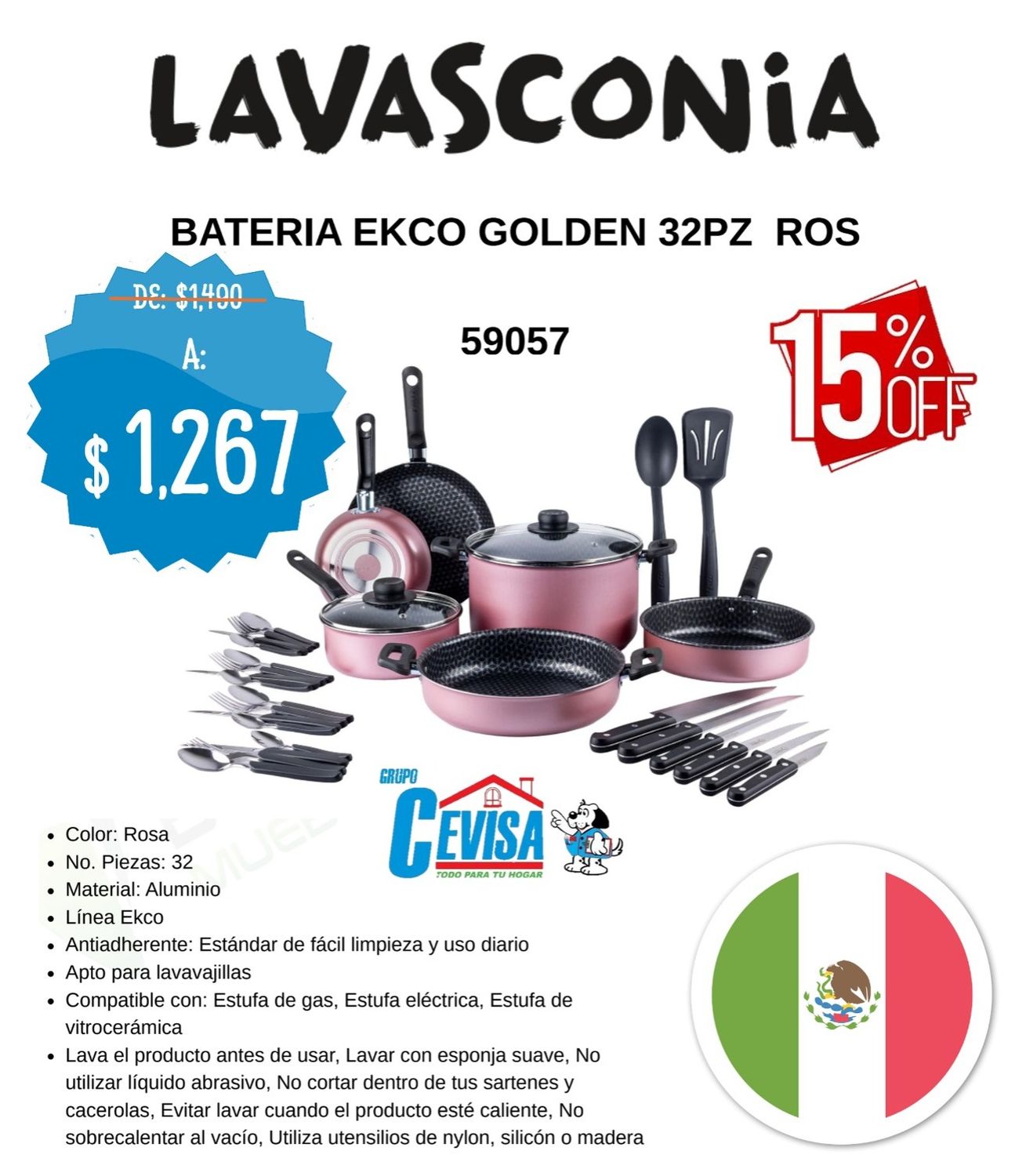 BATERIA GOLDEN ROSA 32 PZ EKCO 59057 BATERIA GOLDEN ROSA 32 PZ EKCO 59057