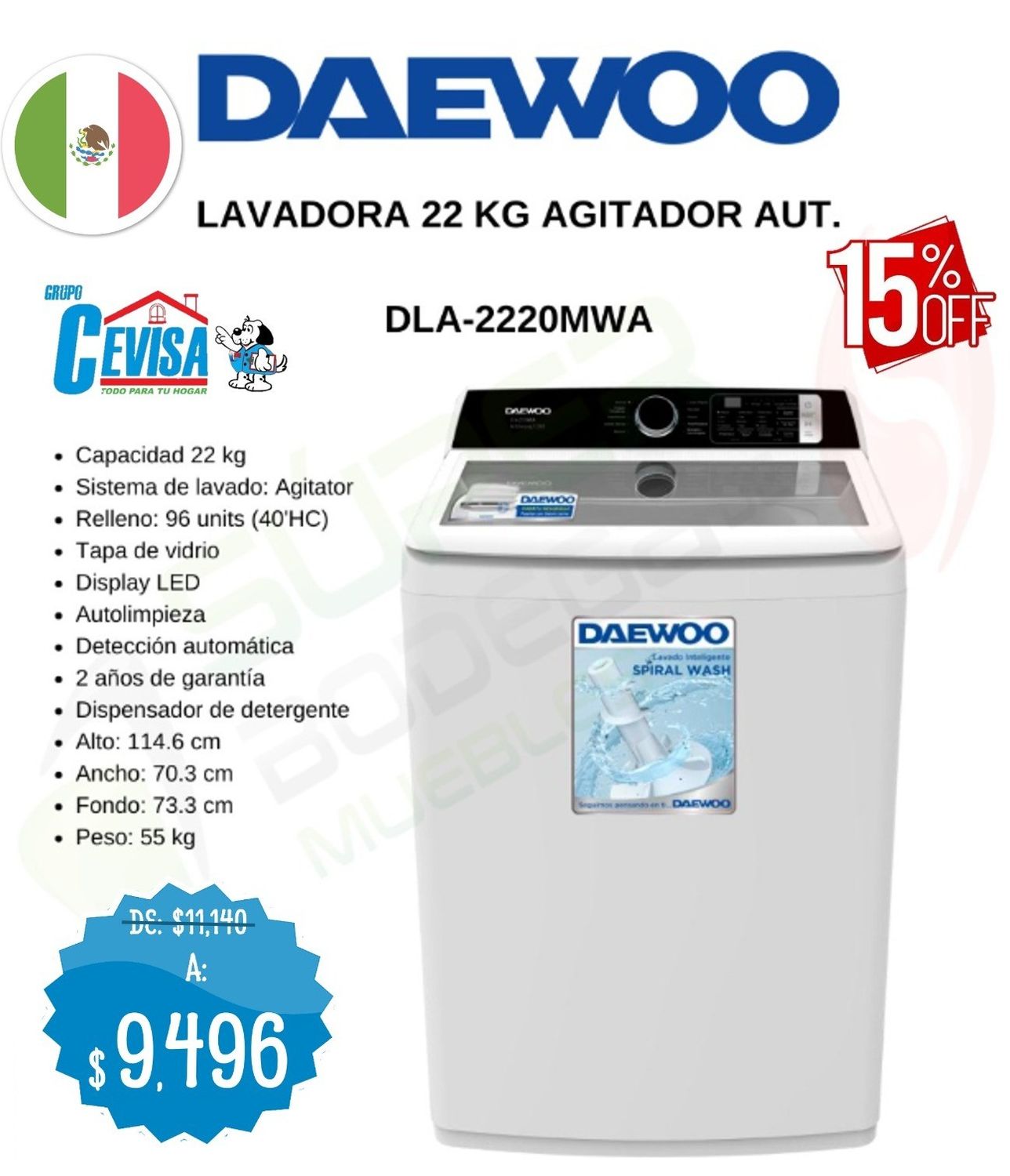LAVADORA DAEWOO 22 KG DLA-2220MWA