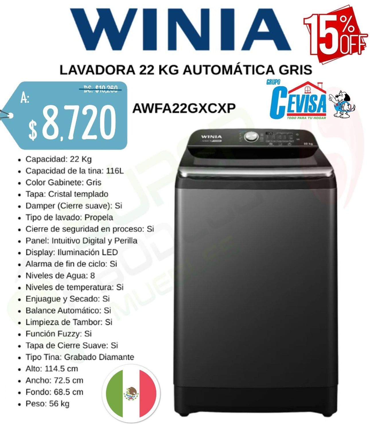 LAVADORA WINIA 22 KG AWFA22GXCXP