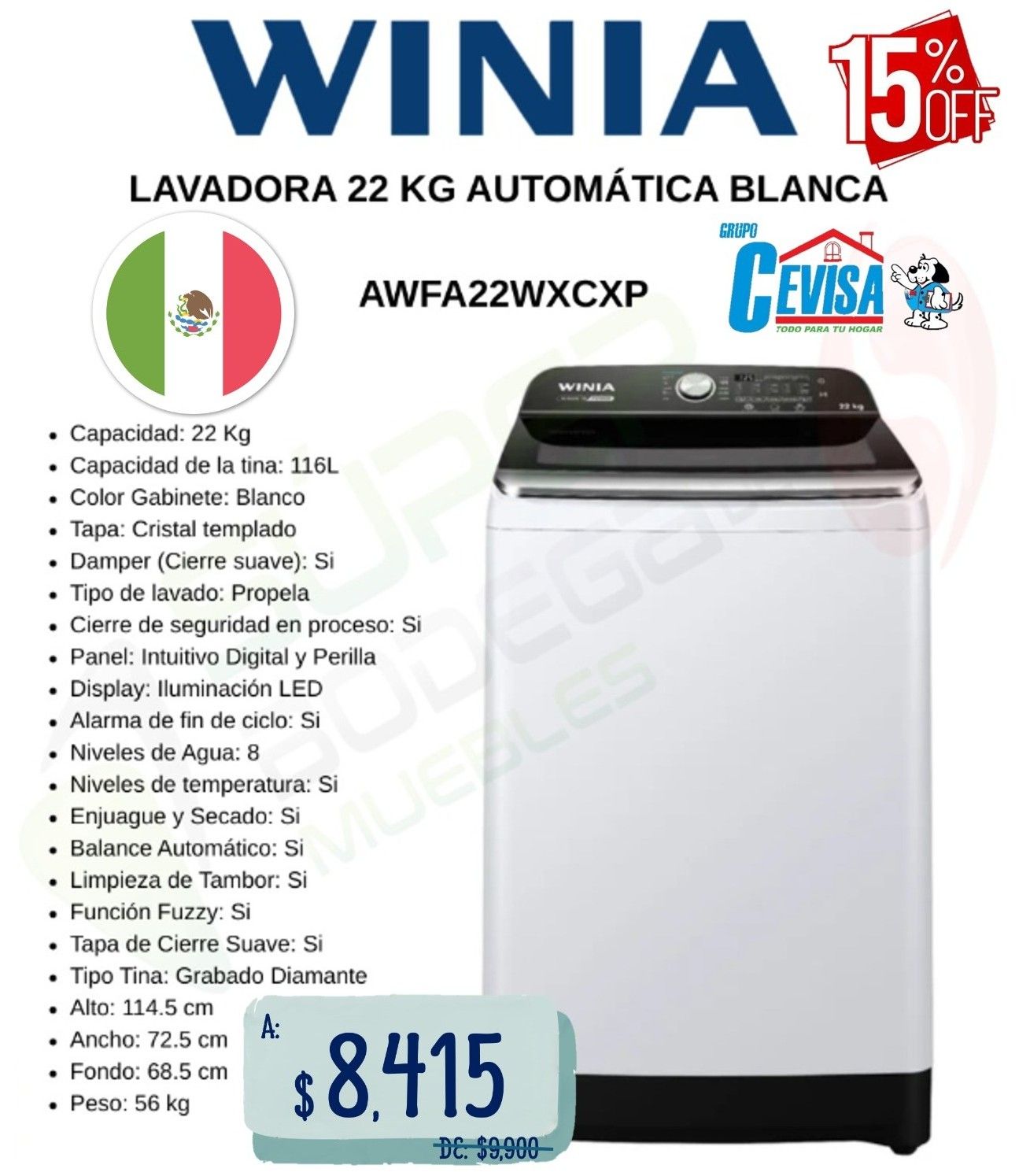LAVADORA WINIA 22 KG AWFA22WXCXP