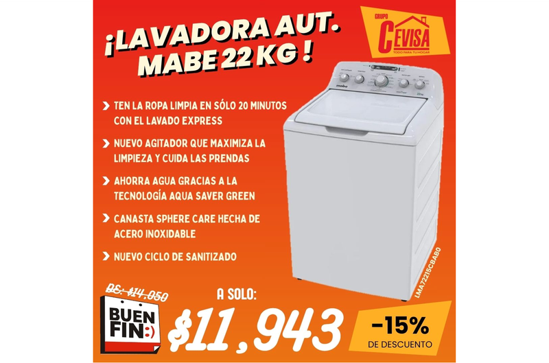 LAVADORA MABE 22 KG LMA72215CBAB0