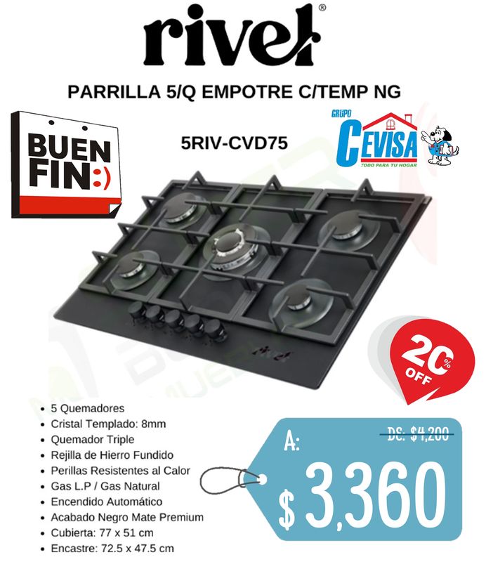 PARRILLA DE EMPOTRE RIVEL 5Q 5RIV-CVD 75