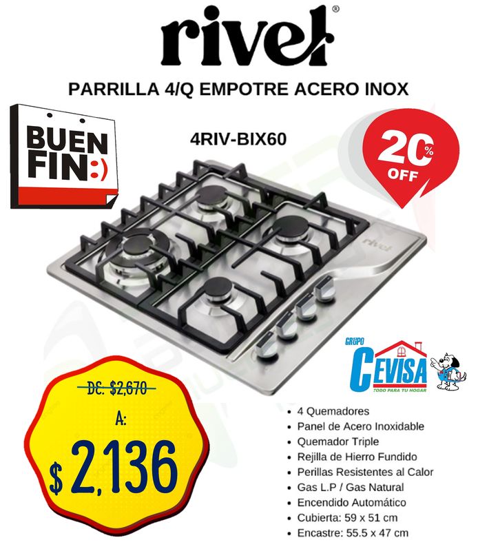PARRILLA DE EMPOTRE RIVEL 4Q 4RIV-XBIX60
