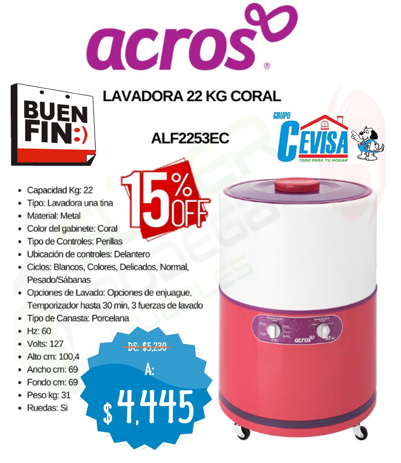 LAVADORA ACROS 22 KG ALF-2253EC LAVADORA ACROS 22 KG ALF-2253EC