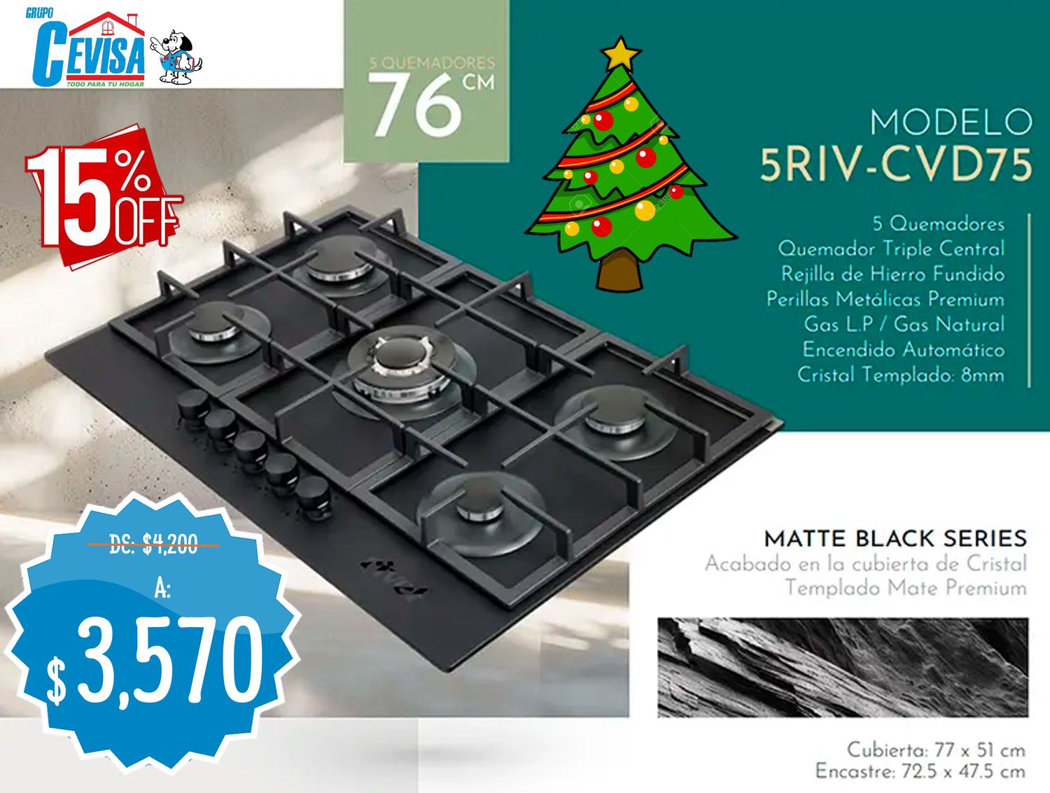 PARRILLA DE EMPOTRE RIVEL 5Q 5RIV-CVD 75 PARRILLA DE EMPOTRE RIVEL 5Q 5RIV-CVD 75