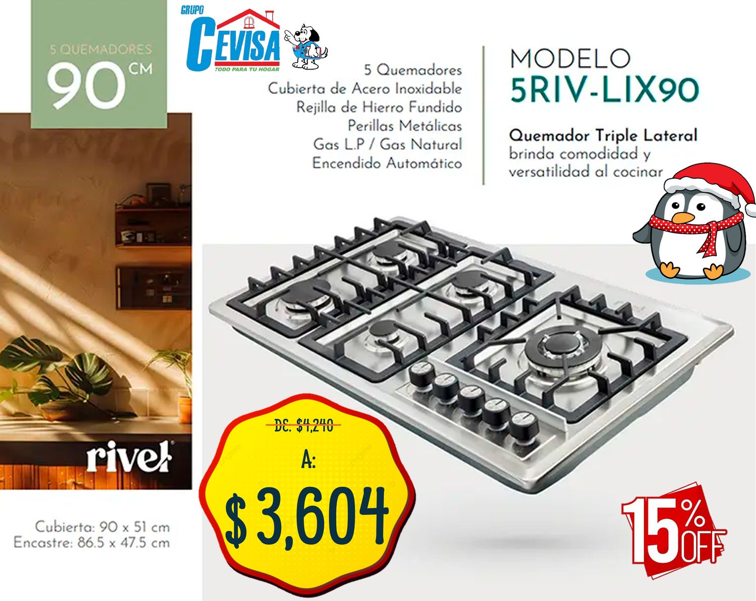 PARRILLA DE EMPOTRE RIVEL 5Q 5RIV-LIX90