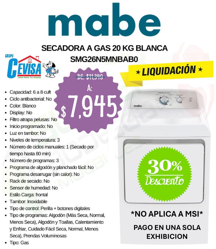 SECADORA DE GAS MABE 18 KG SMG26N5MNBAB0 SECADORA DE GAS MABE 18 KG SMG26N5MNBAB0