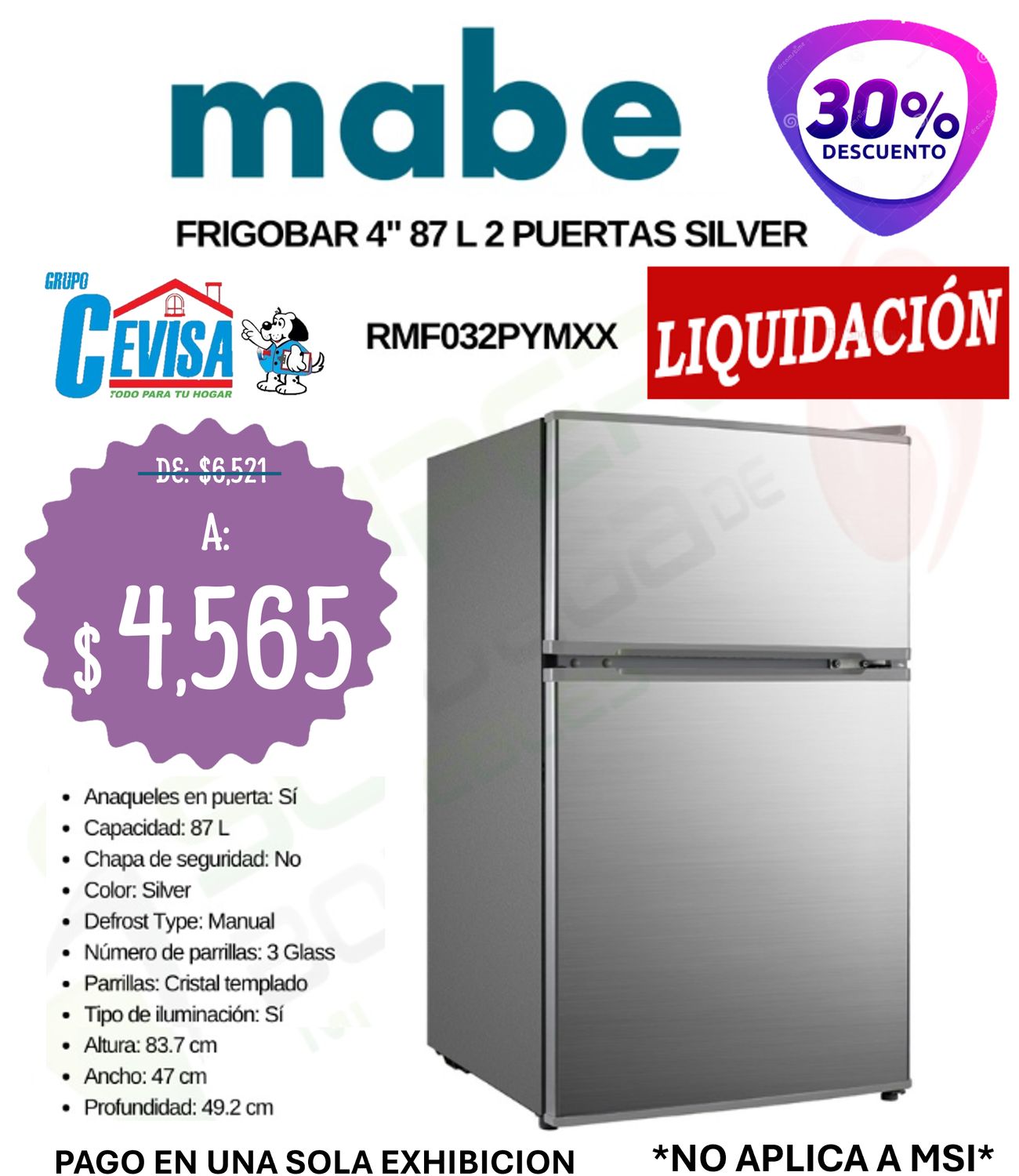 FRIGOBAR MABE 87 L RMF032PYMXX FRIGOBAR MABE 87 L RMF032PYMXX