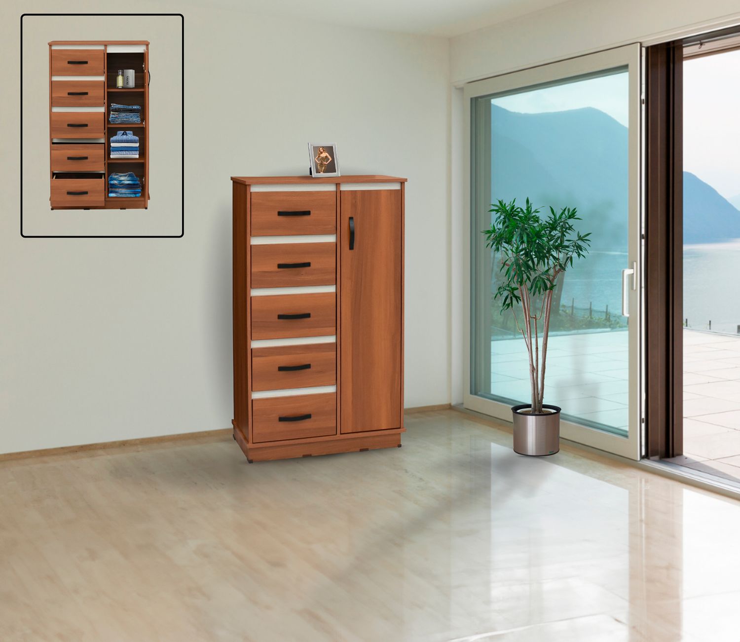 COMODA MALMO DE 1 PUERTA Y 5 CAJONES