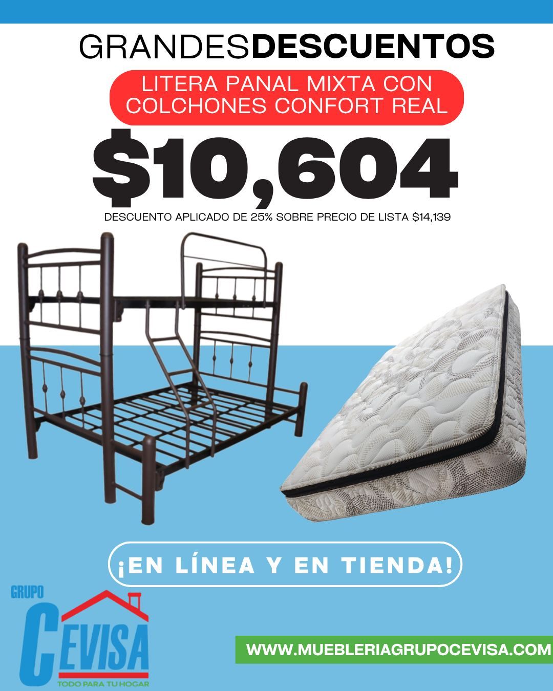 LITERA PANAL MIXTA + COLCHON COFORT REAL MAT. + COLCHON CONFORT REAL IND.
