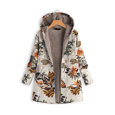 Women Winter Warm Floral Hooded Jacket