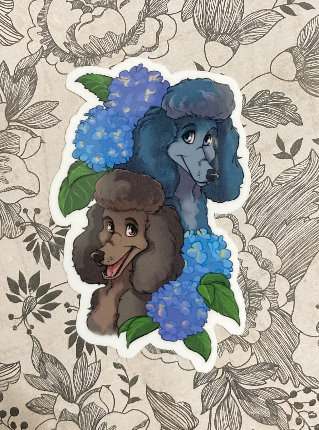 Cute Poodle Dogs with Hydrangeas Floral Vinyl Sticker
