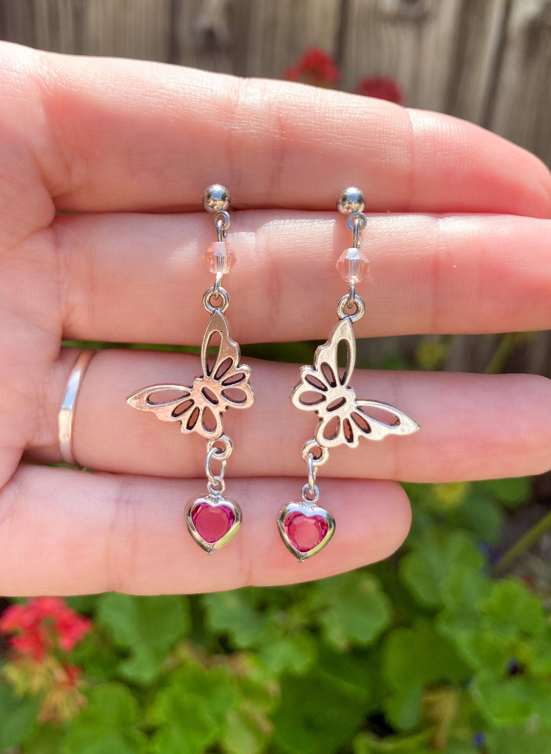 Silver Heart Butterfly Stainless Earrings