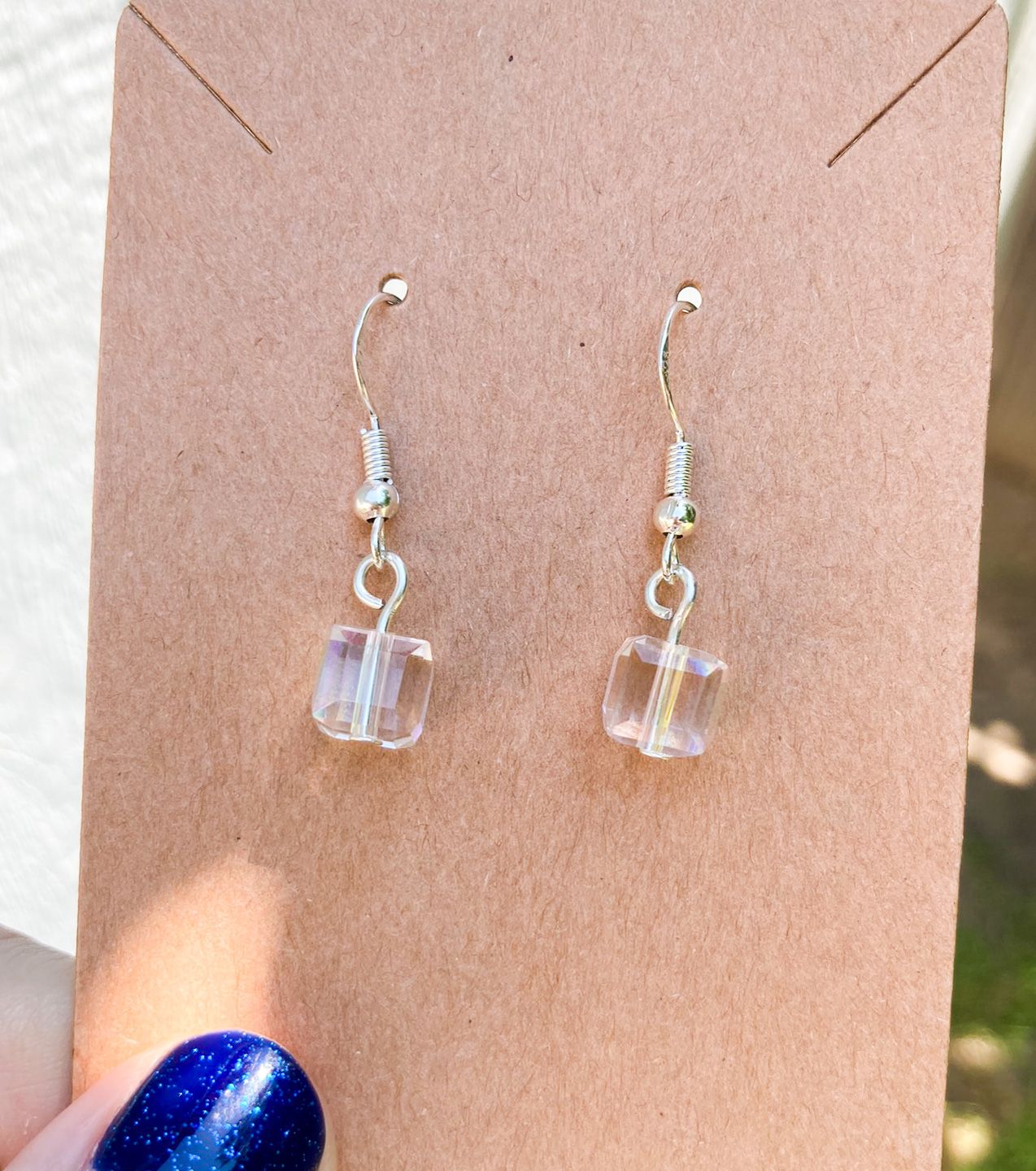 Iridescent Clear Square Glass Bead Earrings