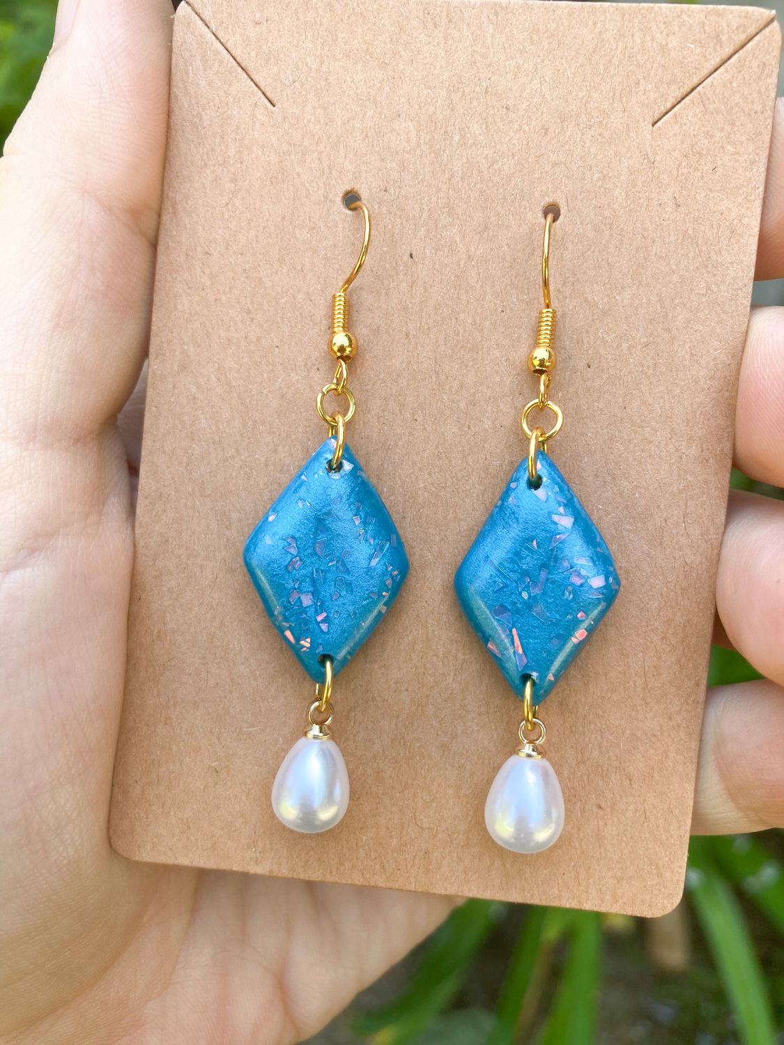 Blue &amp; Pearl Earrings, Handmade Polymer Clay