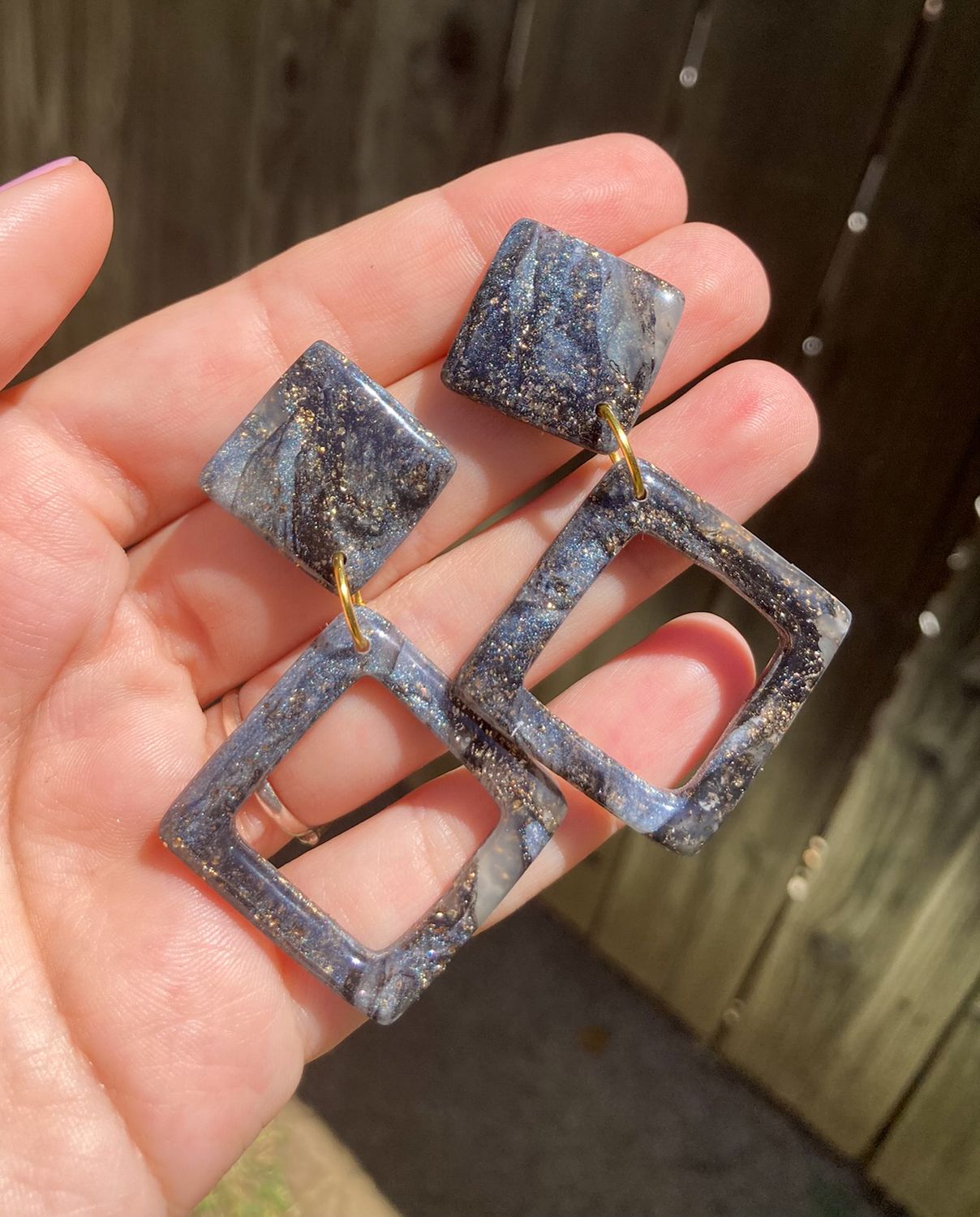 Black &amp; Gold Marbled Geometric Earrings, Handmade Polymer Clay