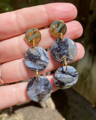 Black &amp; Gold Marbled Moon Earrings, Handmade Polymer Clay
