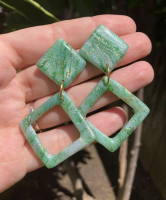 Jade &amp; Gold Flecks Geometric Earrings, Handmade Polymer Clay