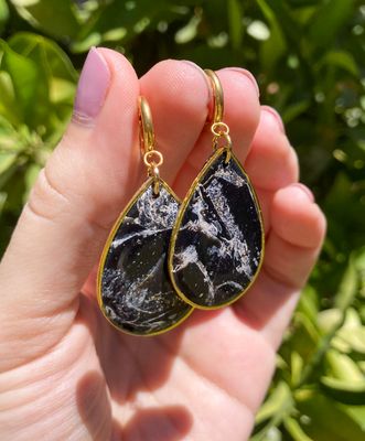 Black &amp; Gold Marbled Teardrop Earrings, Handmade Polymer Clay