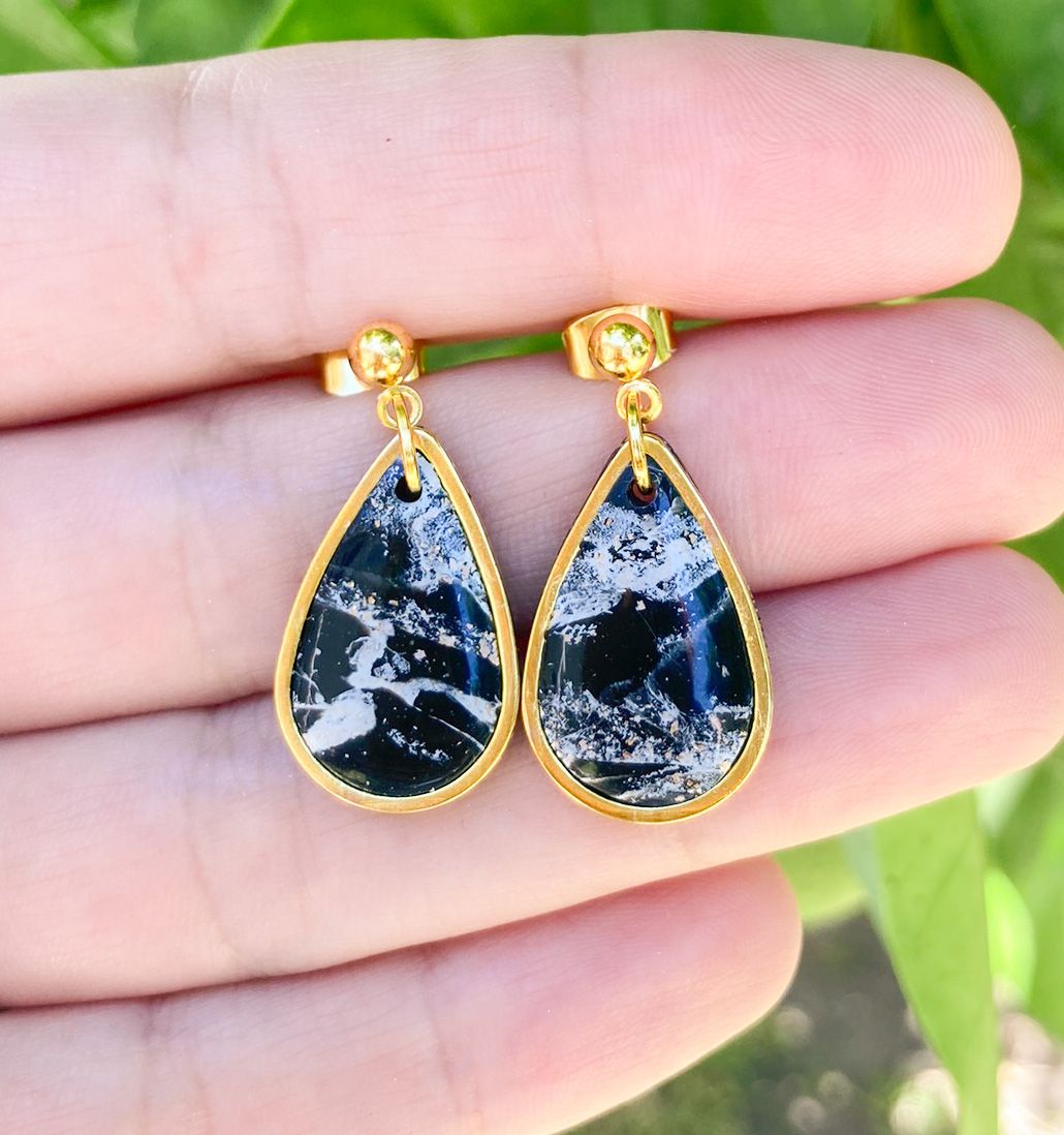 Black &amp; Gold Marbled Mini Teardrop Earrings, Handmade Polymer Clay