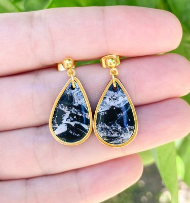Black &amp; Gold Marbled Mini Teardrop Earrings, Handmade Polymer Clay