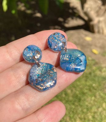 Blue &amp; Copper Gold Faux Rough Chunky Stone Earrings, Handmade Polymer Clay