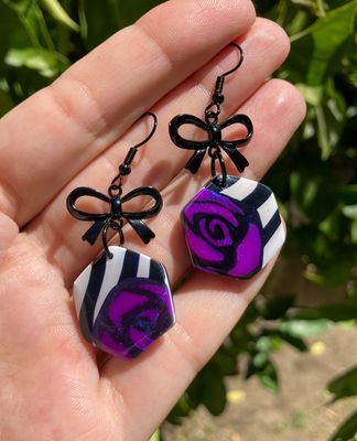 Gothic Roses &amp; Ribbons Purple Polymer Clay Earrings