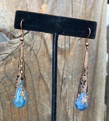 Ocean Blue &amp; Gold/Copper Faux Stone Cone Drop Earrings, Handmade Polymer Clay