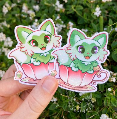 Pokemon Sprigatito &quot;Spriga-TEA-to&quot; Sticker -  (Shiny*ver. &amp; Sparkle)