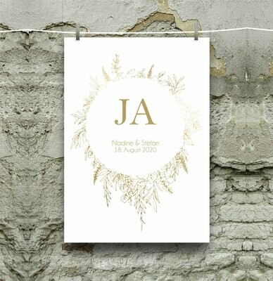 Ja Kunstdruck personalisiert mit Namen und Datum A4 oder A3 ungerahmt als Geschenk-Idee zur Hochzeit Weiß