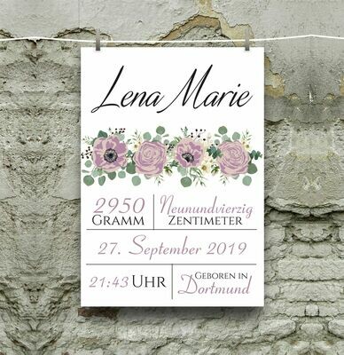 Personalisiertes Poster, Geburtsanzeige Blumen, Größe DIN A4 oder DIN A3