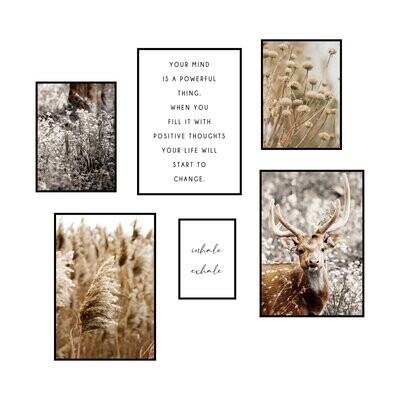 Premium Poster 6er Set | Boho Pampas Sprüche Reh Natur | 3x DIN A3, 2x DIN A4 und 1x DIN A5