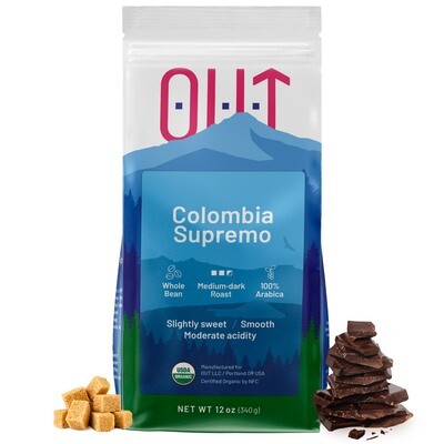OUT Medium-Dark Roast Organic Coffee from Colombia, Supremo Beans, 12 oz