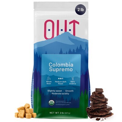 OUT Medium-Dark Roast Organic Coffee from Colombia, Supremo Beans, 2 lb